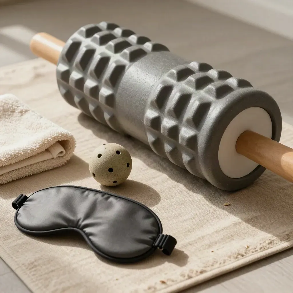Rullo foam, palla da lacrosse, asciugamano e mascherina su tappetino di lino