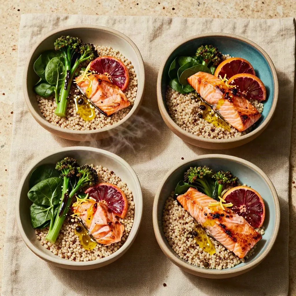 Ciotole con salmone, cereali, agrumi e verdure su piano rustico, luce naturale.