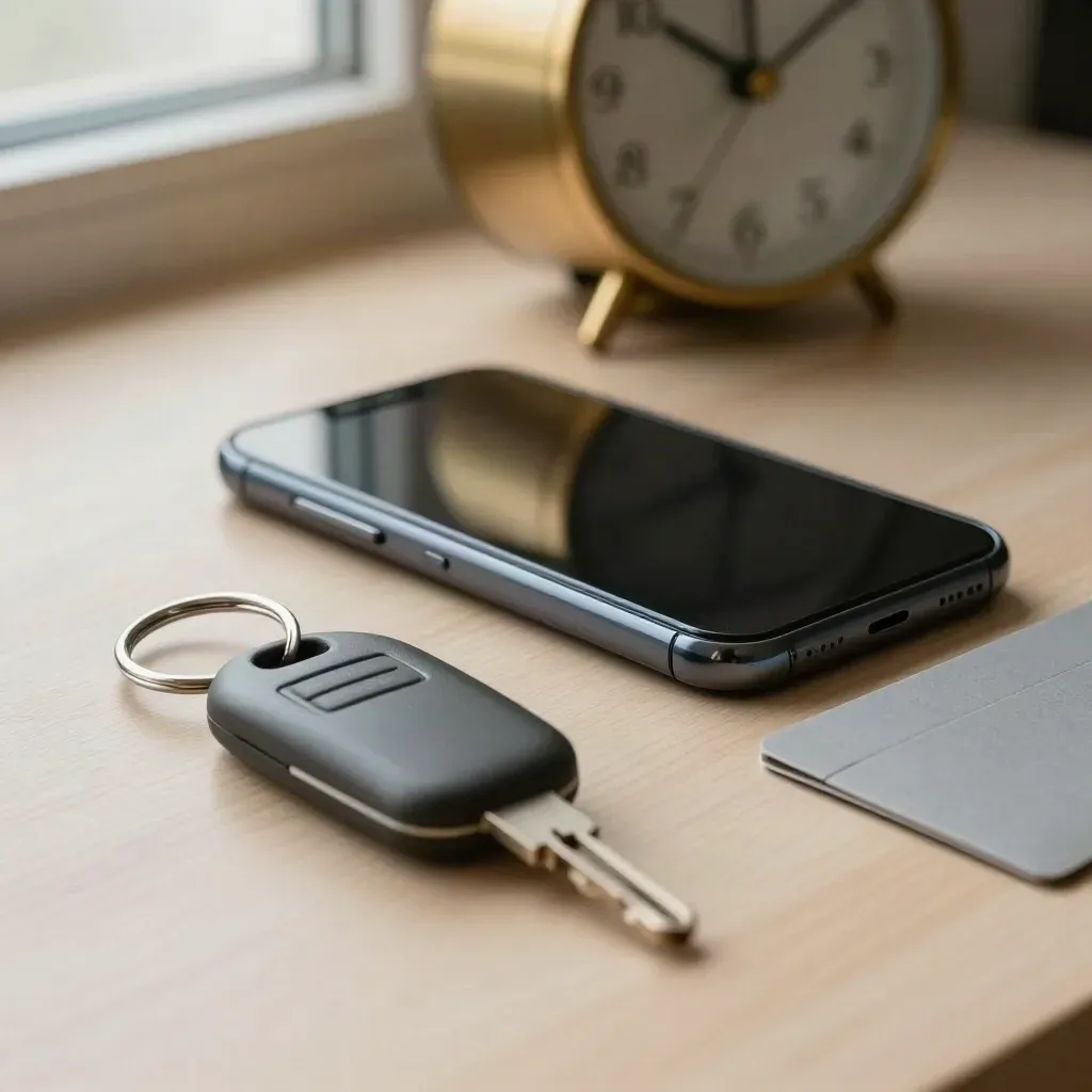 Smartphone, orologio in ottone e portachiavi clinico su legno chiaro