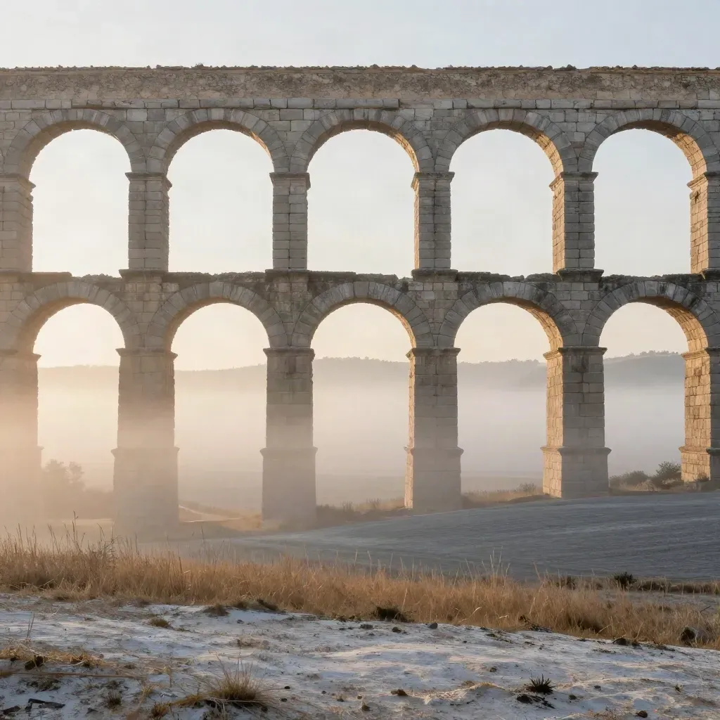 Acquedotto romano al sorgere del sole sulla pianura del Lazio tra nebbia dorata