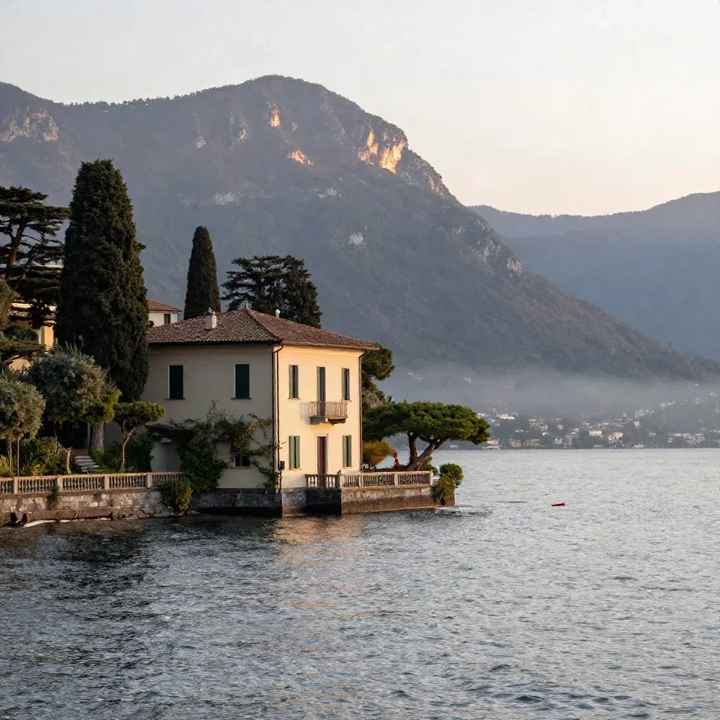 Costa del Lago di Como all’alba con ville chiare, nebbiolina e acqua argentata.
