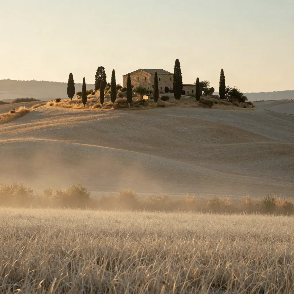 Cipressi e casa colonica nella Val d’Orcia tra campi dorati e foschia calda.