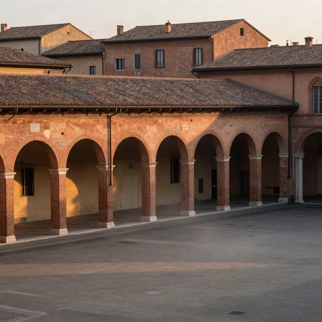 Portici di Bologna all’alba, luce calda e piazza calma per il testo.