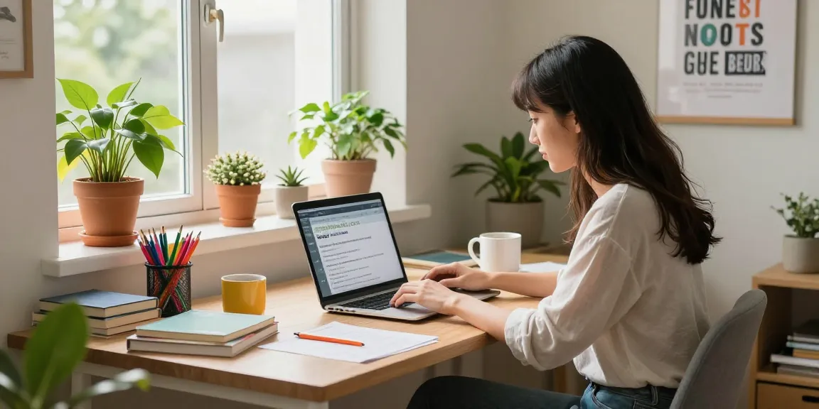 Woman exploring https://rokok88x.com in a cozy home office with vibrant plants and bright atmosphere.