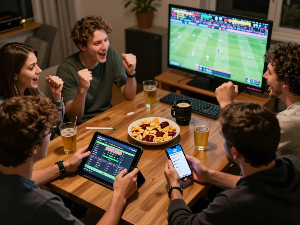 Sports betting excitement with tt88 app on smartphone during a lively home gathering