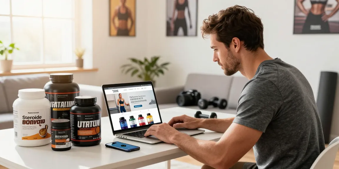 Steroide Boutique online shopping scene with fitness products and a man browsing