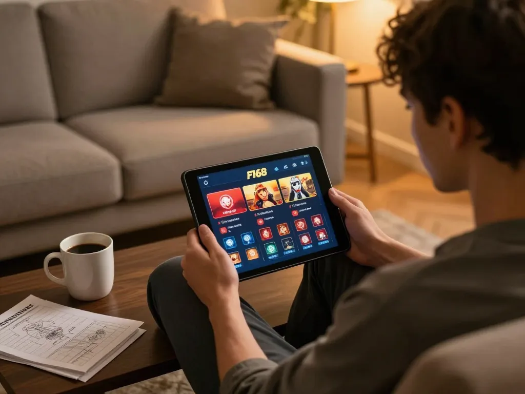 Person playing online casino games on F168 app at home, showcasing a relaxed gaming setup