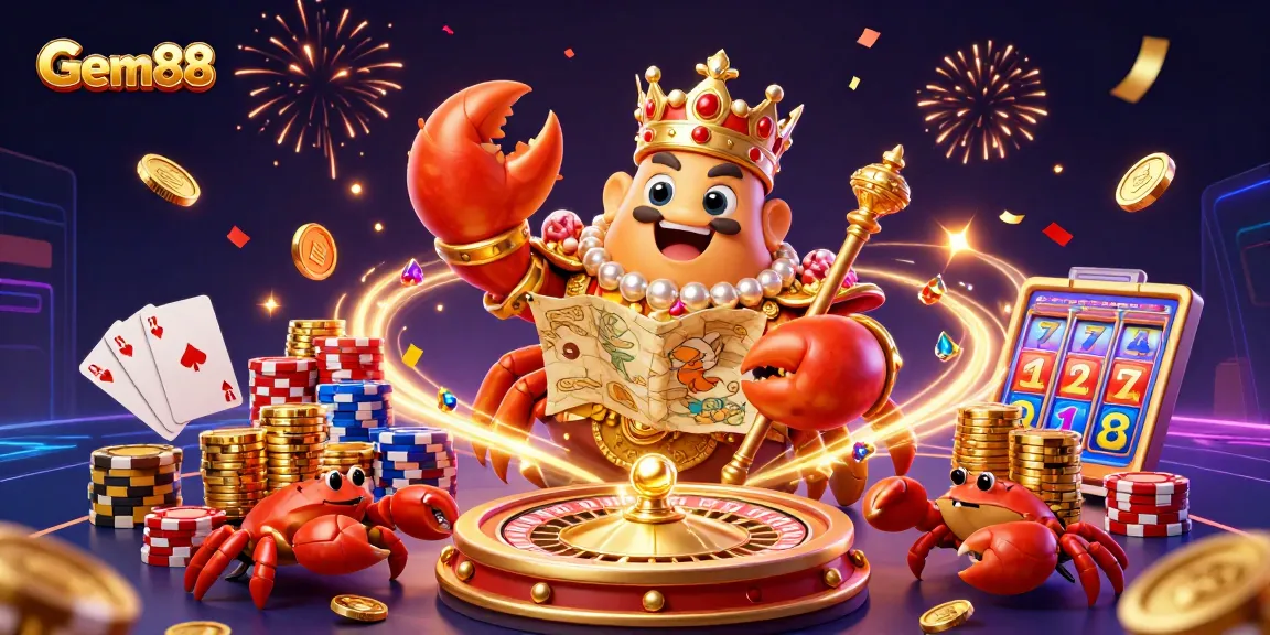 Experience Gem88's thrilling gaming with a golden crab emperor and treasure-filled excitement.