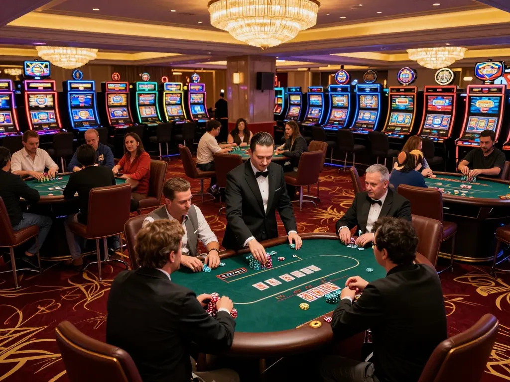 Players engaged in poker at the luxurious F168bet casino, surrounded by excitement and vibrant lighting.