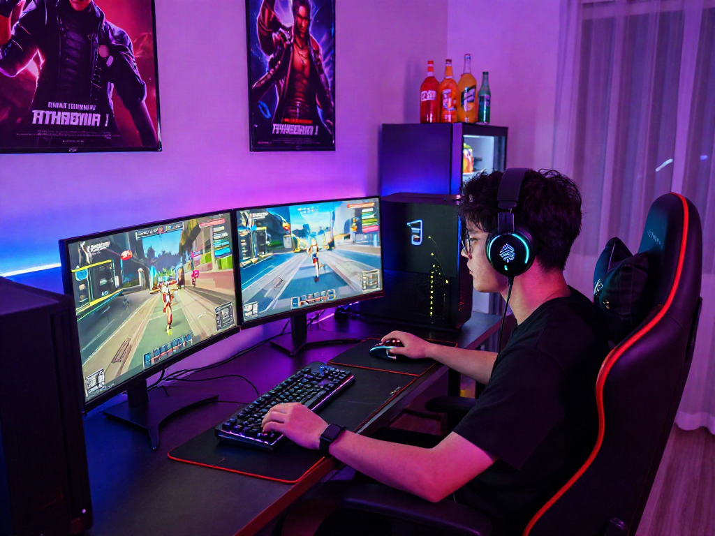 Engaged gamer playing popular porn games in a vibrant gaming lounge environment.