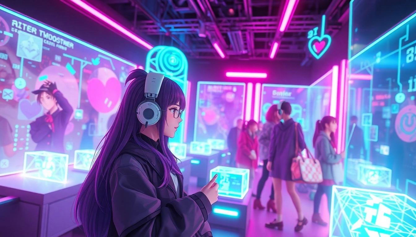 Engaging scene of users interacting in a futuristic hentai AI chat environment with anime characters.