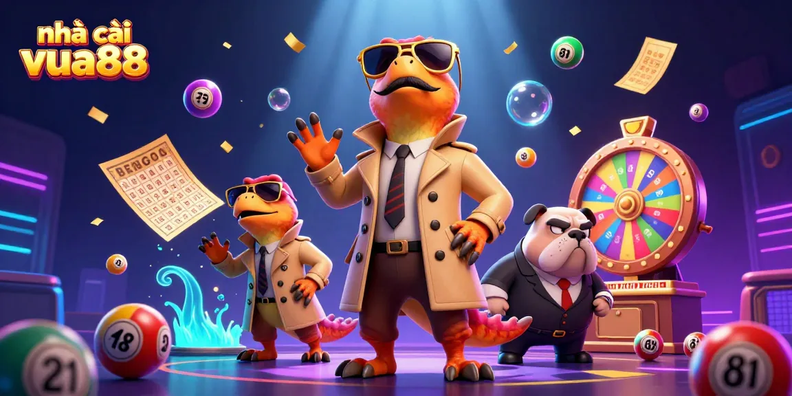 Experience exciting gaming action at nhà cái vua88 with vibrant visuals of lottery elements and cartoon characters.