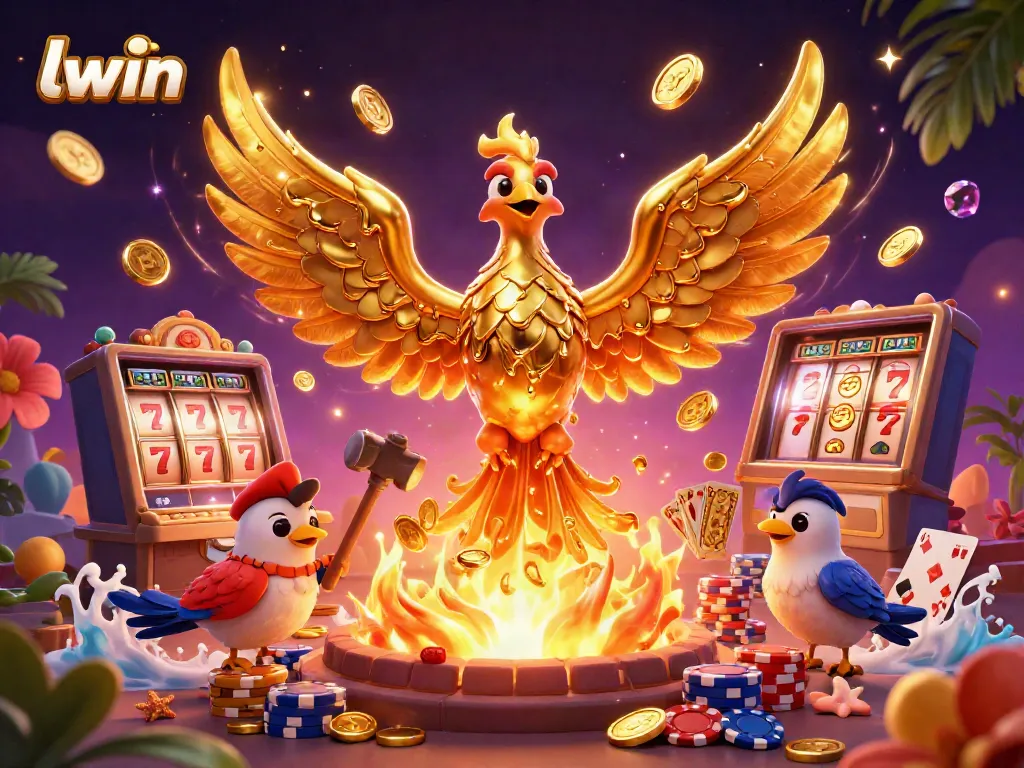 llwin's vibrant casino illustration features a molten golden phoenix and dynamic gaming elements.