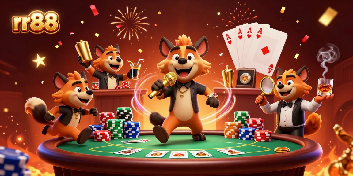 Play exciting games at rr88 with a vibrant 3D casino scene featuring hyenas in action.