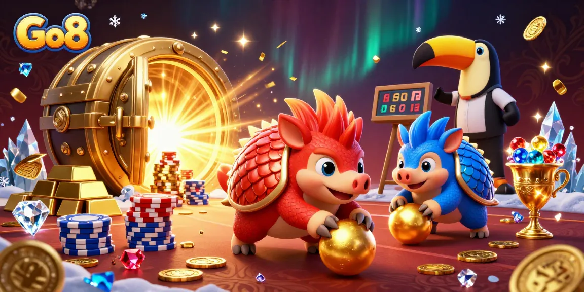 Go8 features dynamic pangolin characters bowling through poker chips in a vibrant casino scene.