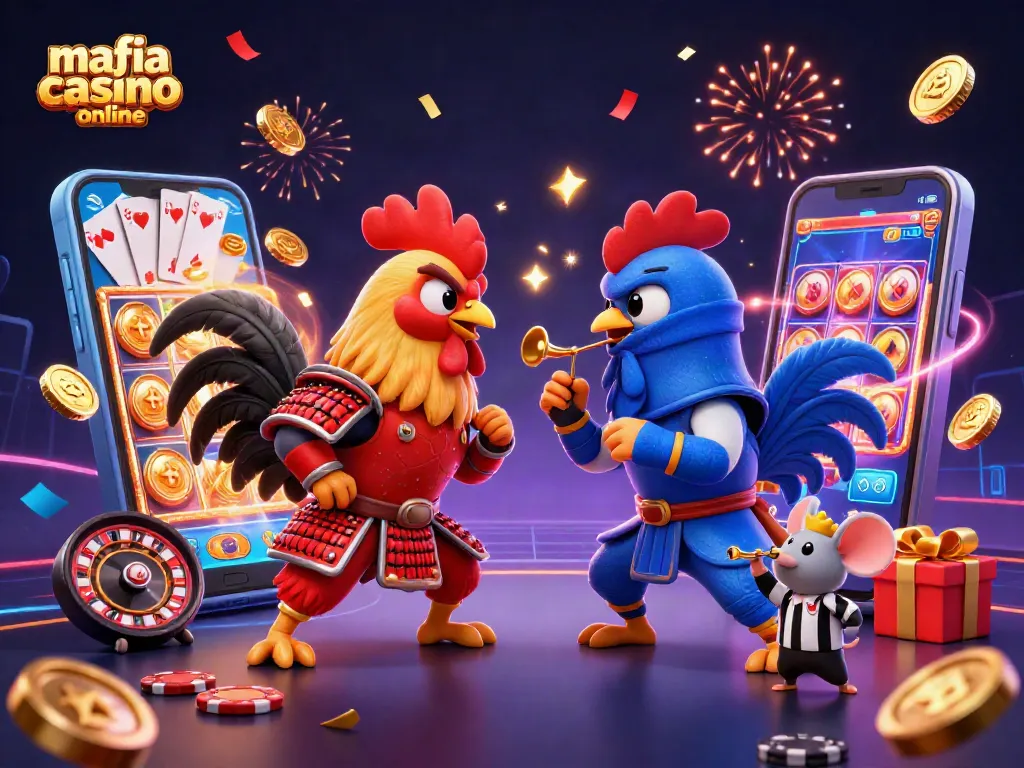 Mafia casino online features a dramatic showdown between a red samurai rooster and a blue ninja rooster.