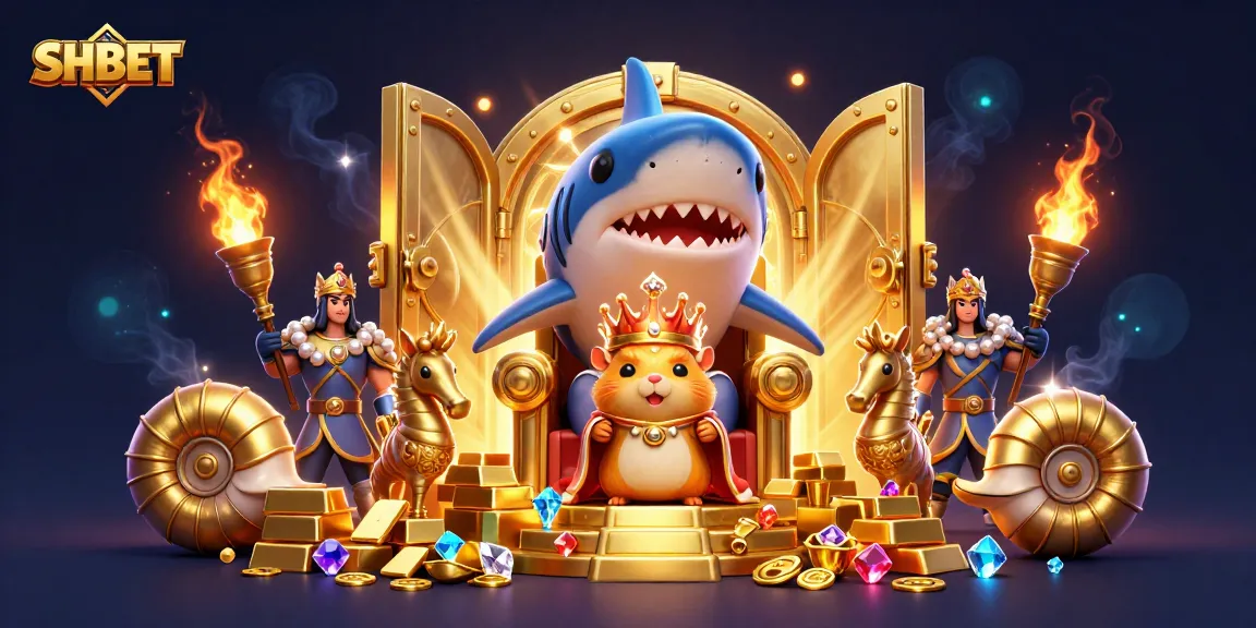 Engage with SHBET's vibrant casino world featuring a golden hamster king on a megalodon throne.