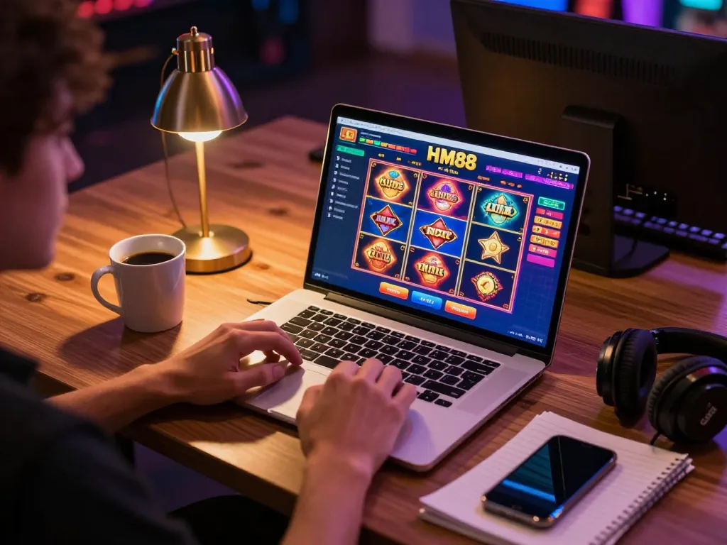 Player immersed in HM88 online casino gaming setup, featuring laptop and strategy notes, capturing the thrill of responsible gambling.
