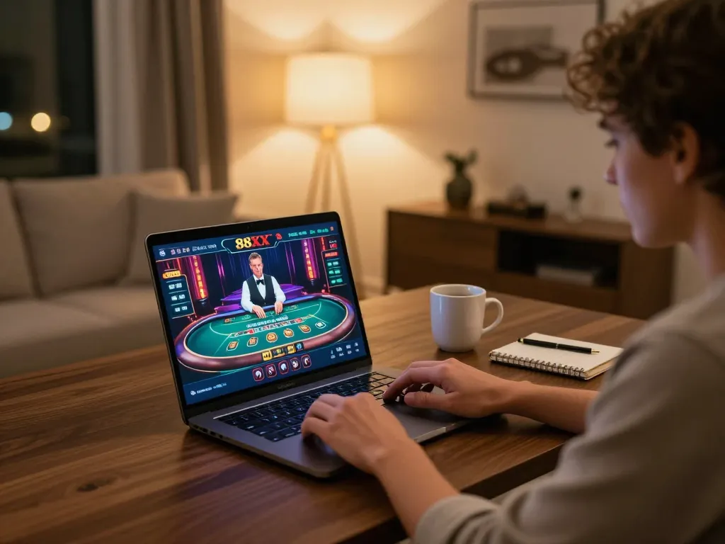 Player engaging in live dealer games with 88xx on laptop, showcasing immersive online gambling experience