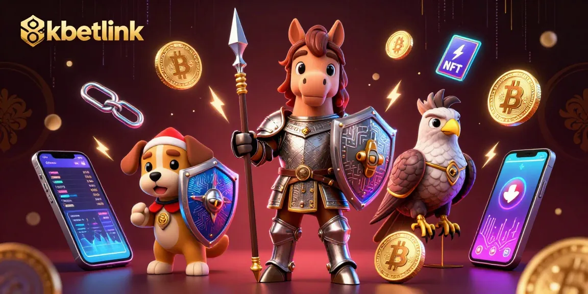 Experience thrilling actions at 8xbetlink with a knight, squire, and falcon among vibrant crypto gaming elements.