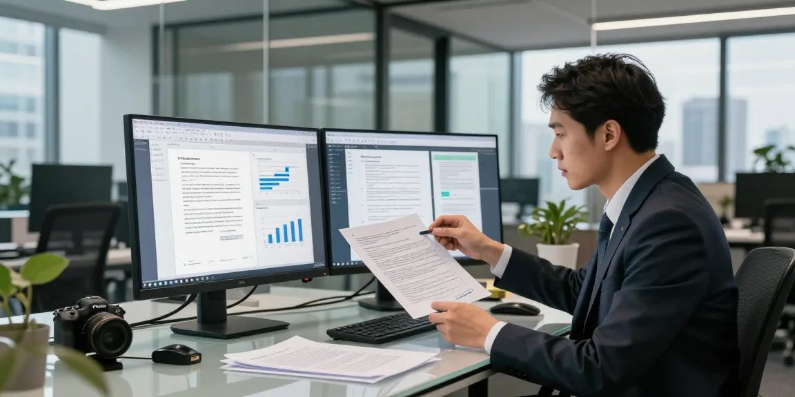 Document fraud detection analysis in a modern office with data visuals and legal documents on a sleek table.