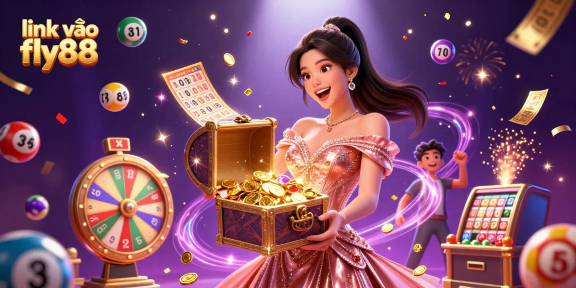 Experience the thrill of winning with link vào fly88 featuring a joyful woman presenting a treasure chest.