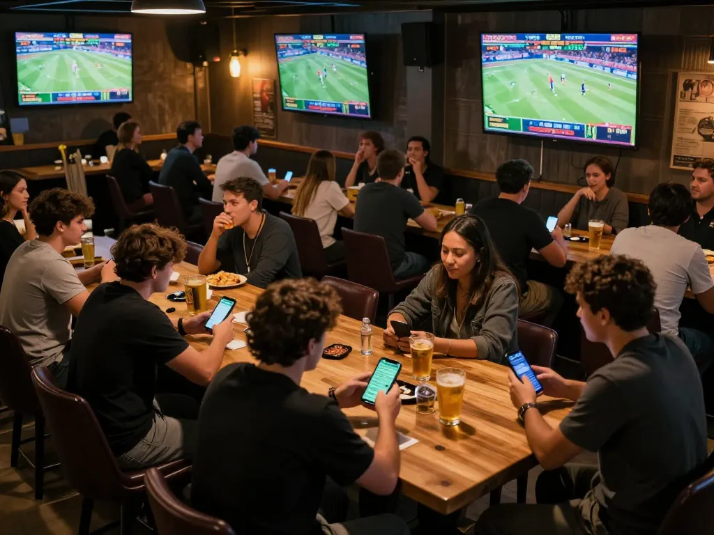 Engaging sports betting action at a lively venue with fans excitedly placing 789winf wagers on live events.
