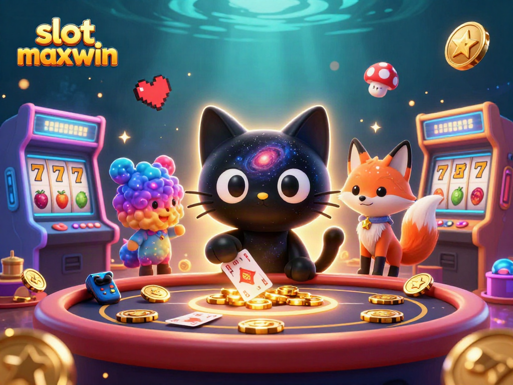 Play exciting slot maxwin games with a cosmic black hole cat and vibrant galaxy scenery.