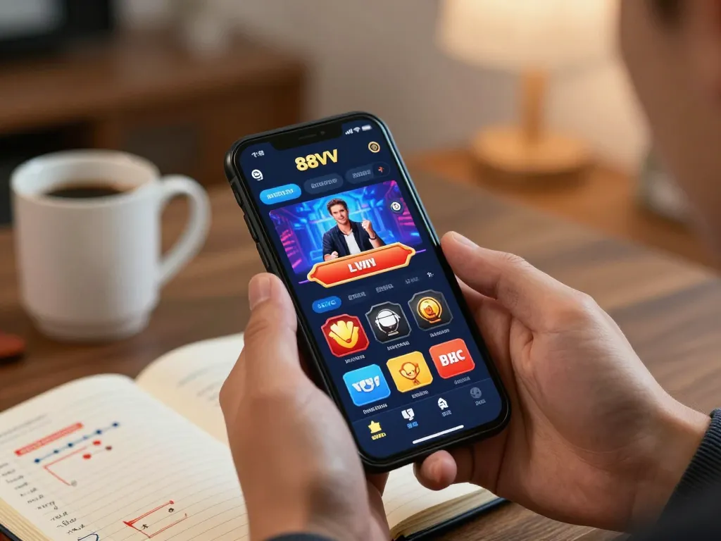 Engaging gaming on the 88VV app featuring live dealer action, relaxed home setting for online betting