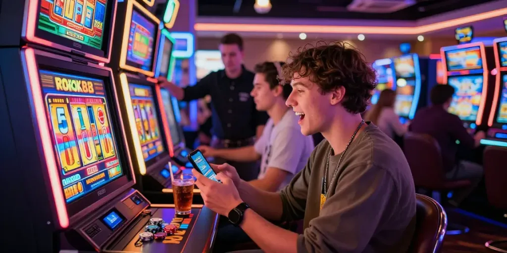 Exciting gaming atmosphere with a player at a rokok88 slot machine, neon lights, and vibrant casino backdrop.