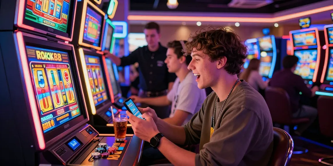 Exciting gaming atmosphere with a player at a rokok88 slot machine, neon lights, and vibrant casino backdrop.