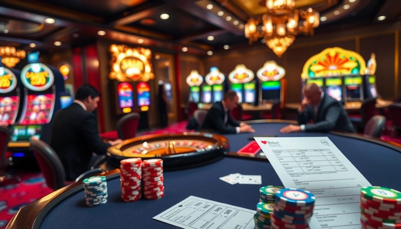 Players strategizing at the 8KBET poker table, surrounded by glowing slot machines.