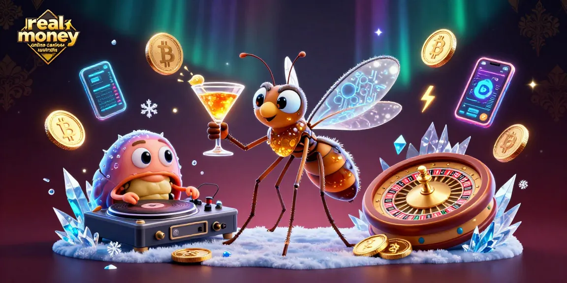 Experience real money online casinos Australia with a vibrant casino scene featuring unique characters and crypto elements.