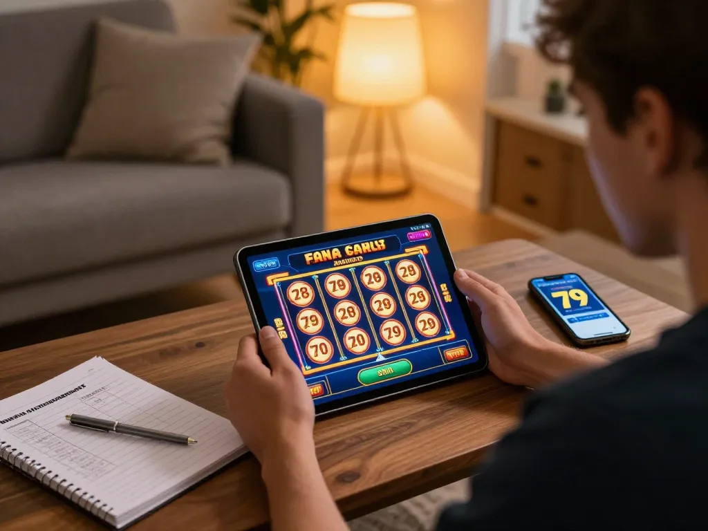 Engaging with fun 79 slot games on a tablet in a cozy home setting, showcasing strategies for responsible gaming.
