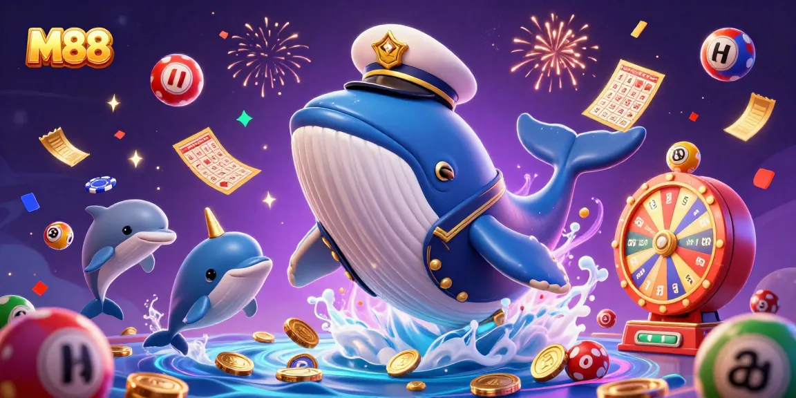M88 online casino featuring a cartoon whale, cash, and festive gaming elements bringing excitement
