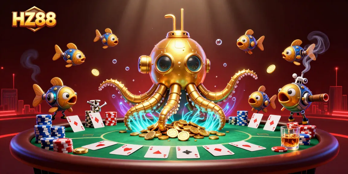 Experience thrilling online gaming action with HZ88's immersive casino scene featuring dynamic gambling elements.