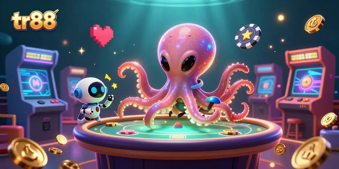 Engage in thrilling tr88 poker games with an alien octopus dealer at a holographic table.