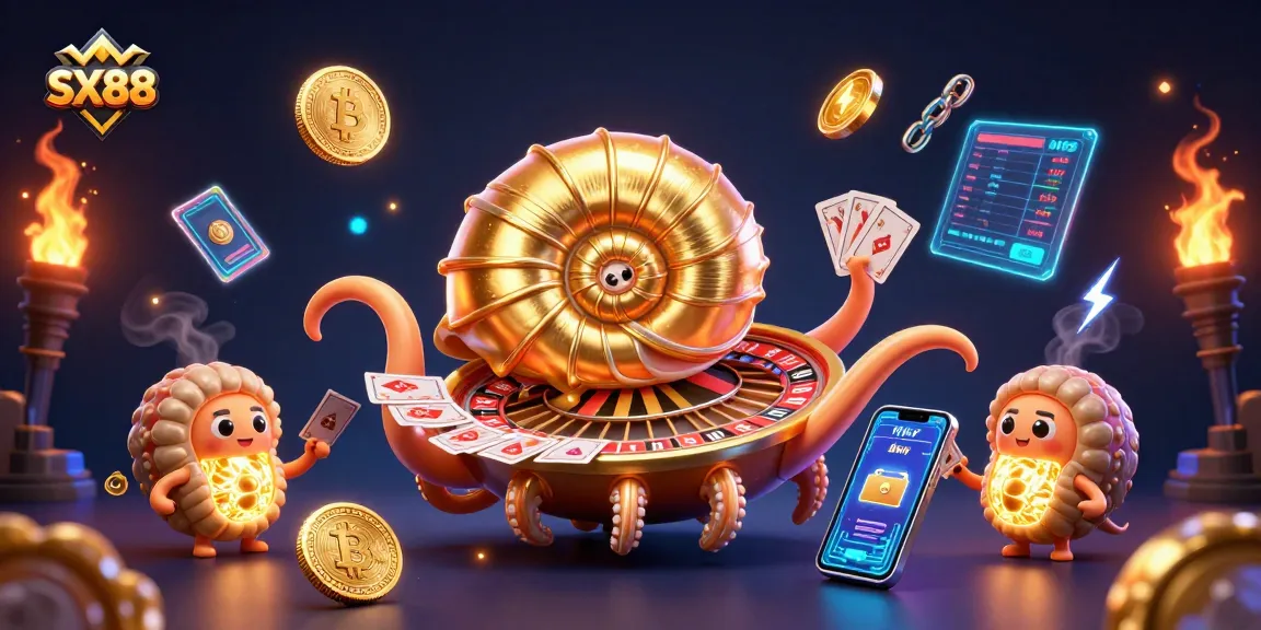 SX88 offers exciting gaming experiences with a giant nautilus roulette wheel, adorned with cryptocurrency elements.
