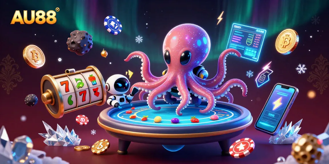 Play poker with AU88 in this vibrant 3D scene featuring an alien octopus and dynamic game elements.