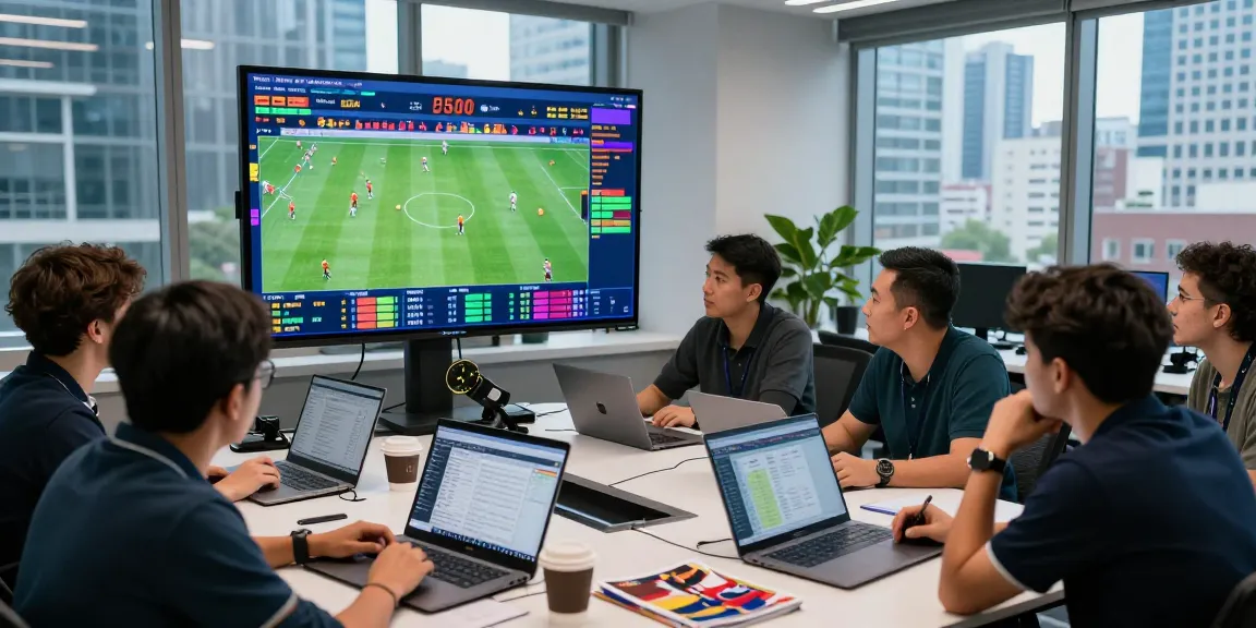 Sports analysts in a modern office analyzing soi keo betting odds with stats and charts.