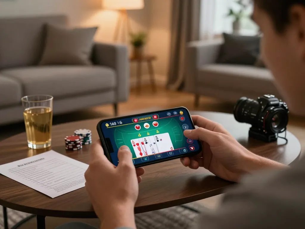Player enjoys a thrilling poker game through jun888 mobile app in a cozy living room setting.