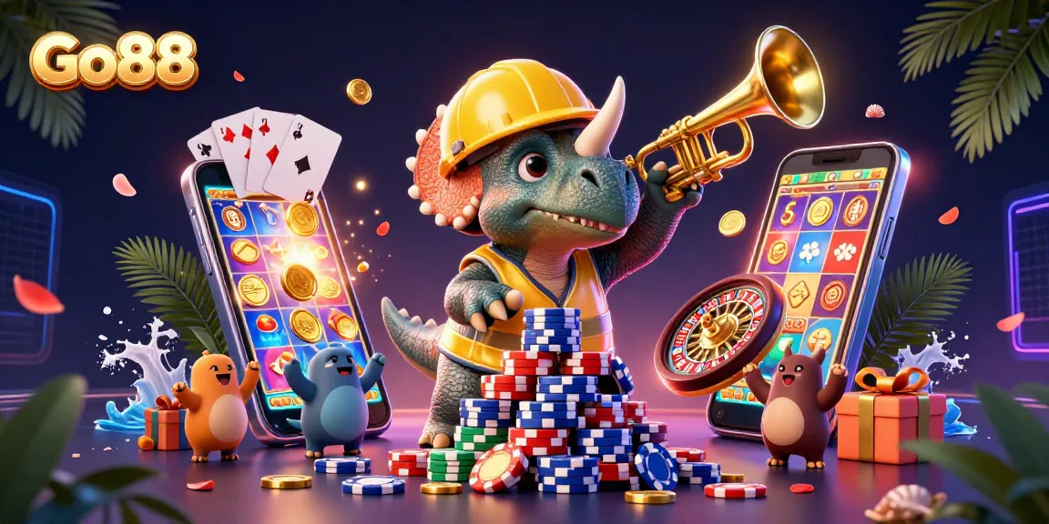 Engage with Go88's vibrant casino scene featuring cheerful characters and dynamic gaming elements.