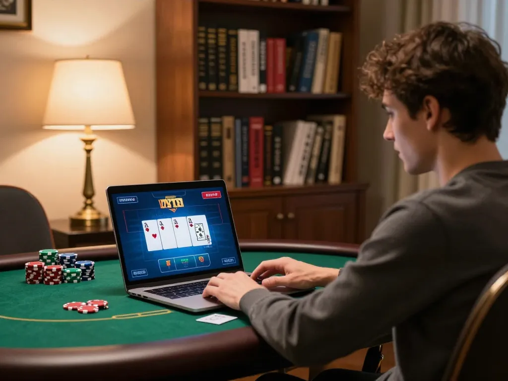Playing online poker using tubidy mp3 for seamless music downloads in cozy home setting.