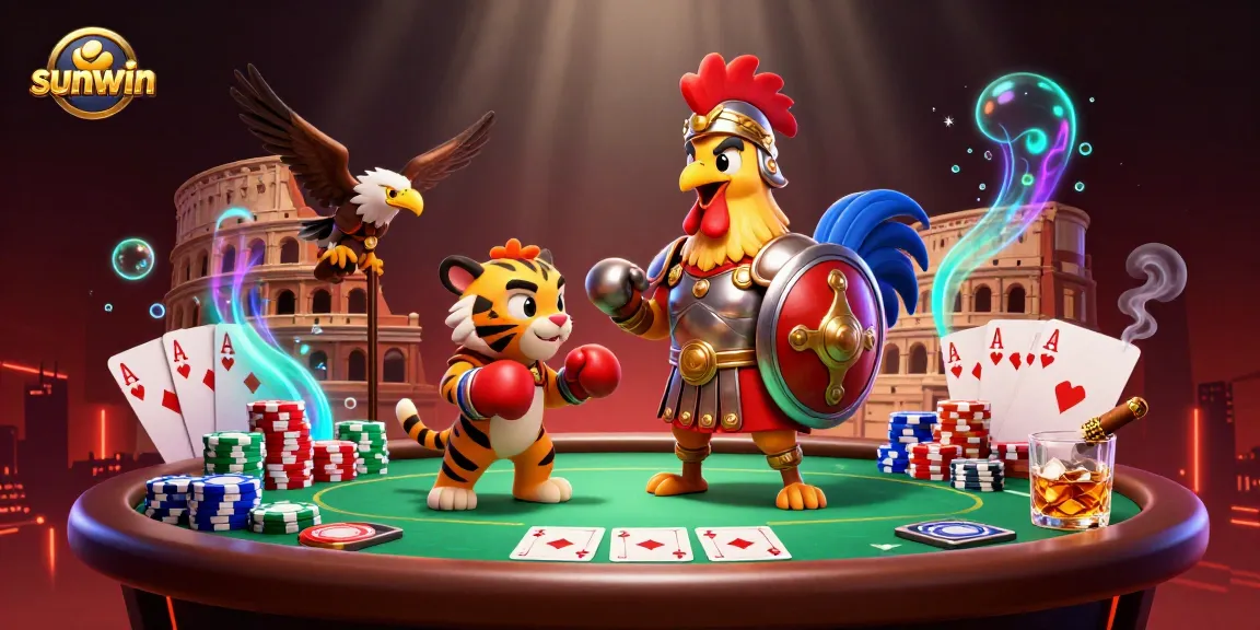 Experience thrilling gameplay with sunwin as a gladiator rooster and tiger cub compete in a bustling colosseum.