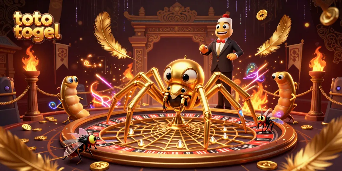 Engage in thrilling toto togel action as a golden spider spins a roulette wheel web, with a fly placing bets.