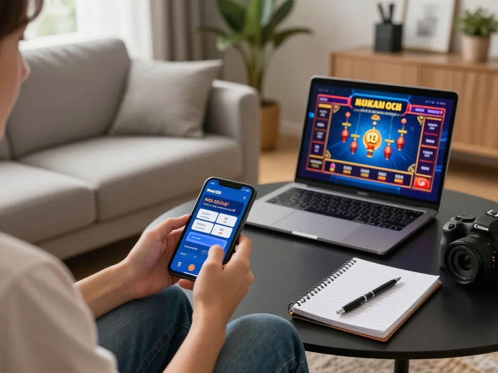Engaging with the New88 nhà cái app on a smartphone while relaxing at home, showcasing responsible gambling.