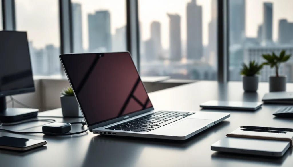 Utilizando el MacBook Pro 16 pulgadas en un entorno moderno y elegante con toques tecnológicos.