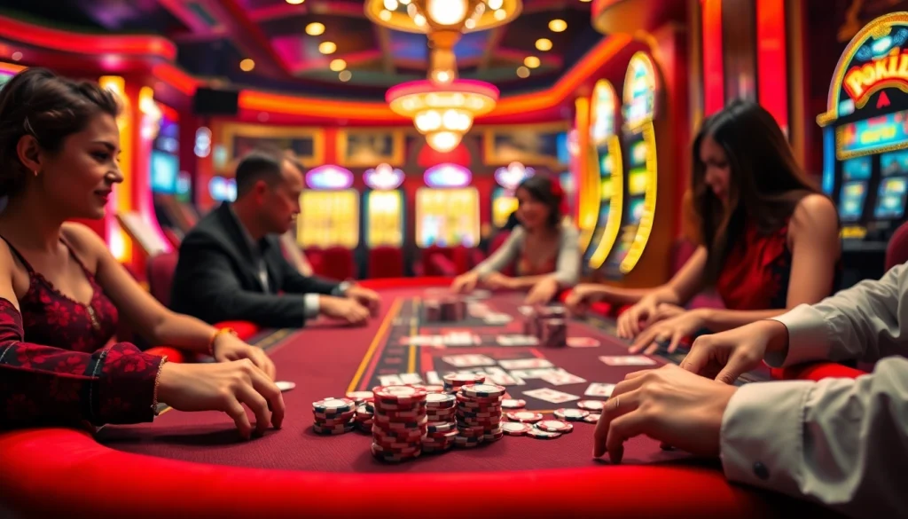 Players enjoying a thrilling poker game at 8KBET casino, surrounded by vibrant lights.