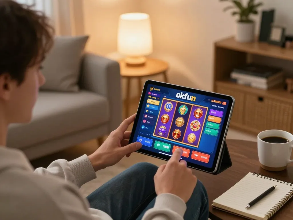 Engaging in okfun mobile casino game with a cozy home setup and tablet