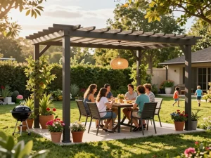 A family enjoying their backyard under a stylish pergola 3D planner design, enhancing outdoor dining experience.